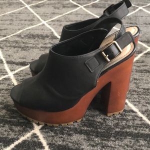 Black faux leather and wood platform chunky heels
